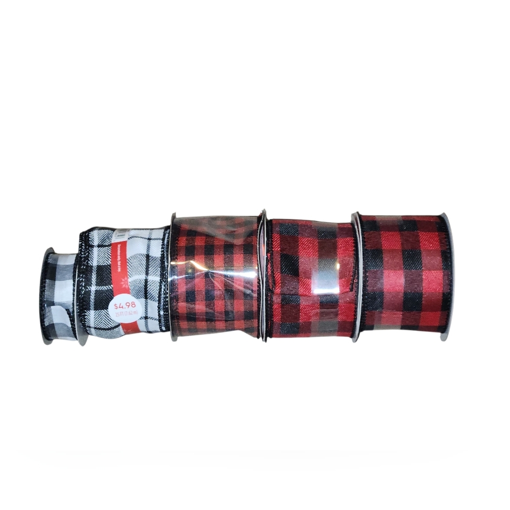 Plaid Wired Ribbon Set in Red Black and White